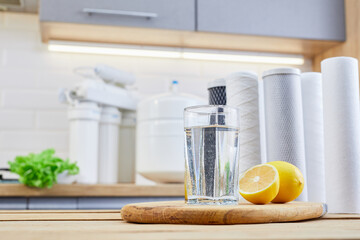 Glass of clean filtered water with lemon and ice in kitchen. Breakfast, fresh morning drink. Fresh drink on quarantine.