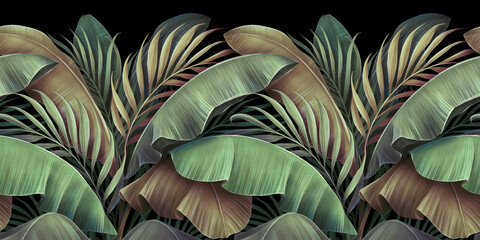 Tropical background, seamless border, luxury wallpaper, pattern, texture. Vintage green and beige banana leaves, palms, jungle. Hand-painted watercolor 3d illustration. Dark premium mural, glam cloth