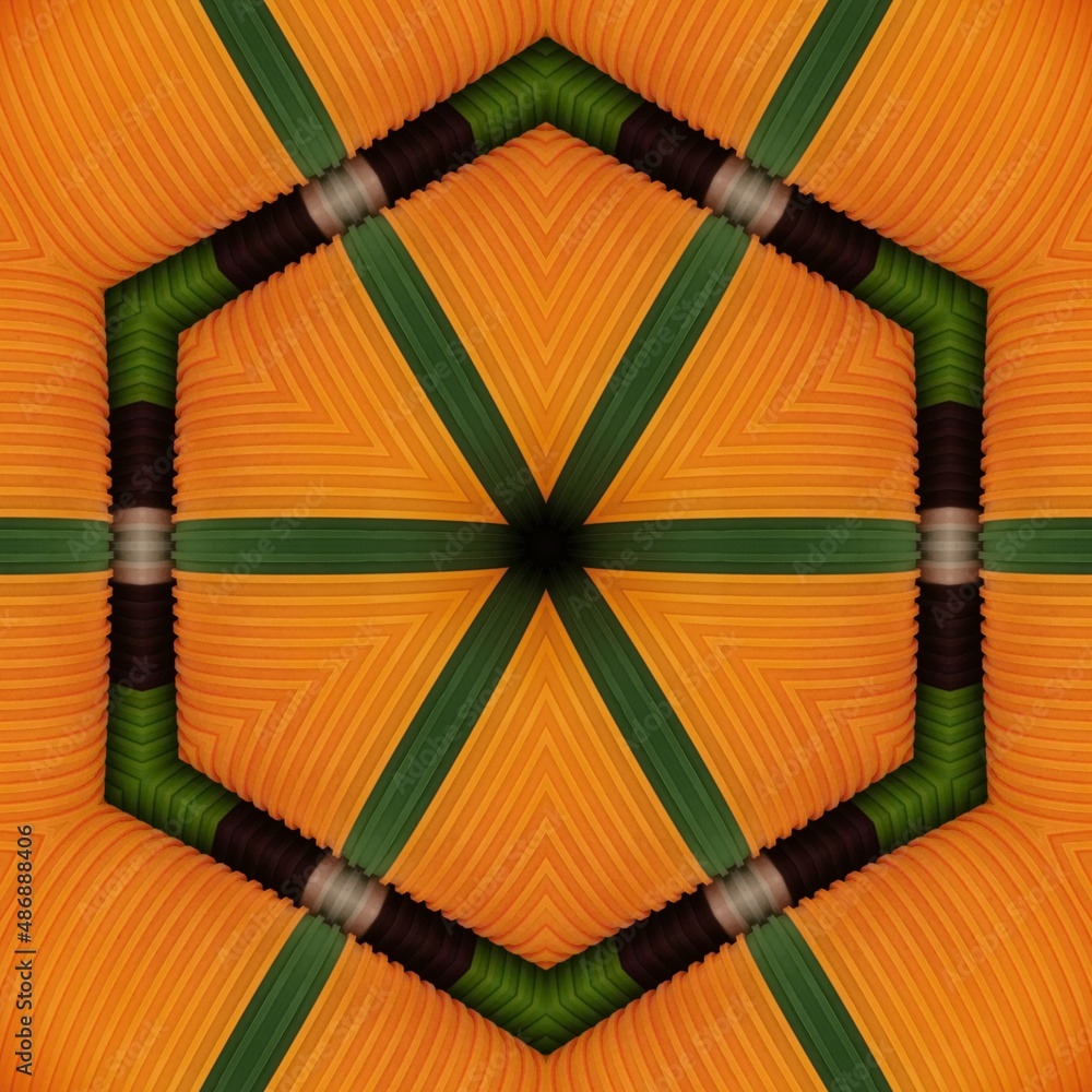 Poster yellow gold and green coloured pattern and hexagonal kaleidoscopic design