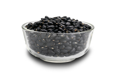 Fototapeta na wymiar Side view pile of dried raw black beans in transparent glass bowl on white background with clipping path.