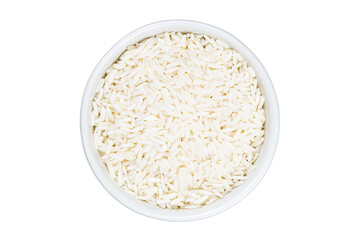 Fototapeta na wymiar Top view of uncooked jasmine rice in white ceramic cup on white background with clipping path.