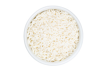 Top view of uncooked jasmine rice in white ceramic cup on white background with clipping path.