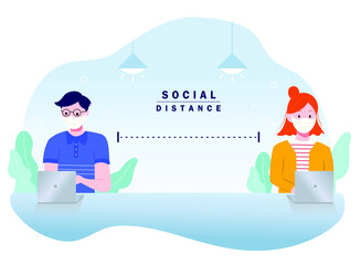 Man and women keep their social distancing work in public to protect Virus COVID-19 Vector illustration concept.