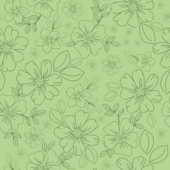 Seamless vintage pattern. dark green outline of flowers and leaves. Light green background. vector texture. fashionable print for textiles, wallpaper and packaging.