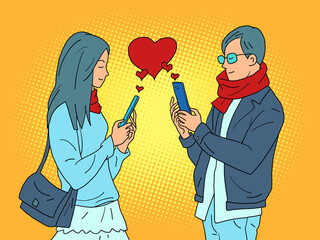 love valentine heart red a couple of a man and a woman with phones, dependence on online social networks