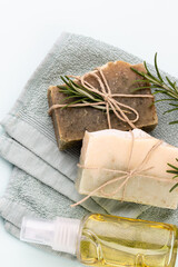 Handmade natural soap on pastel background.