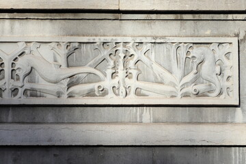 Sculpted Seahorses and Swords on the Facade of a Herengracht Canal Building in Amsterdam,...