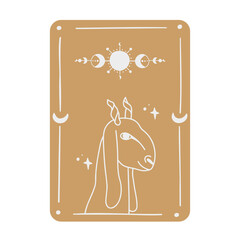 Mystical tarot card. Occult esoteric vintage tarot card with goat and lunar cycle. Witch fortune telling template theme. Vector illustration.