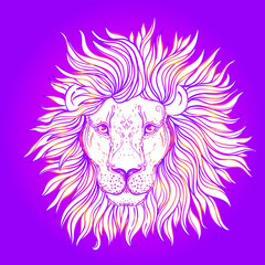 Patterned ornate lion head. African, Indian, totem, tattoo, sticker design. Design of t-shirt, bag, postcard and posters. Vector isolated illustration in bright neon colors. Zodiac sign Leo.