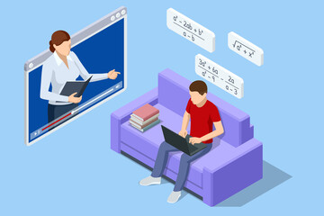 Isometric E-learning and Online Education for Student and University Concept. Webinar, Digital Classroom, Online Teaching Metaphors.