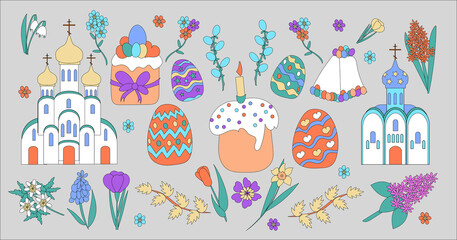 Vector Easter set: Christian church, spring flowers, Paska, Kulich,  colorful eggs isolated in the background.   beautiful Orthodox  Easter holiday card in the style of doodles.