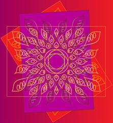 Vector gold frame on a red background. Pattern from the contours of the leaves.