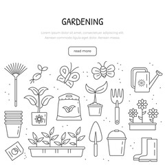 Set of linear gardening elements. Various agricultural and gardening tools for spring work. Illustration for frame, poster, banner.