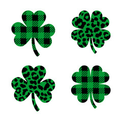 Clover leopard print, Plaid pattern shamrock icons, Four leaf clover icons, Clover symbol of St. Patrick's Day. Vector illustration
