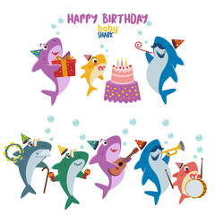 Set of illustration of shark family celebrating a birhday and playing a music together