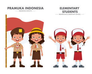 Indonesian elementary school students and scouts in uniform