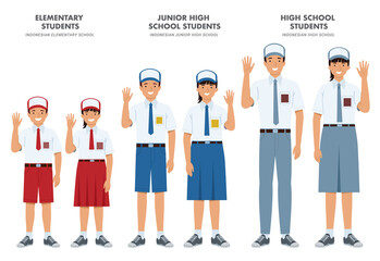a set of illustrations of Indonesian students in uniform from elementary, middle, to high school