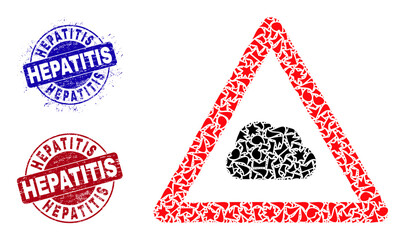 Round HEPATITIS scratched stamp seals with word inside round forms, and shard mosaic cloud warning icon. Blue and red stamp seals includes HEPATITIS title.