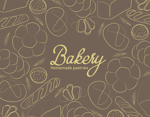 Trendy vector design for bakery or cafe.Illustrations of buns, bread,baguette, and other pastries for packaging, labels,or signage.Line art illustration of food for banner,flyer or menu.Lettering.