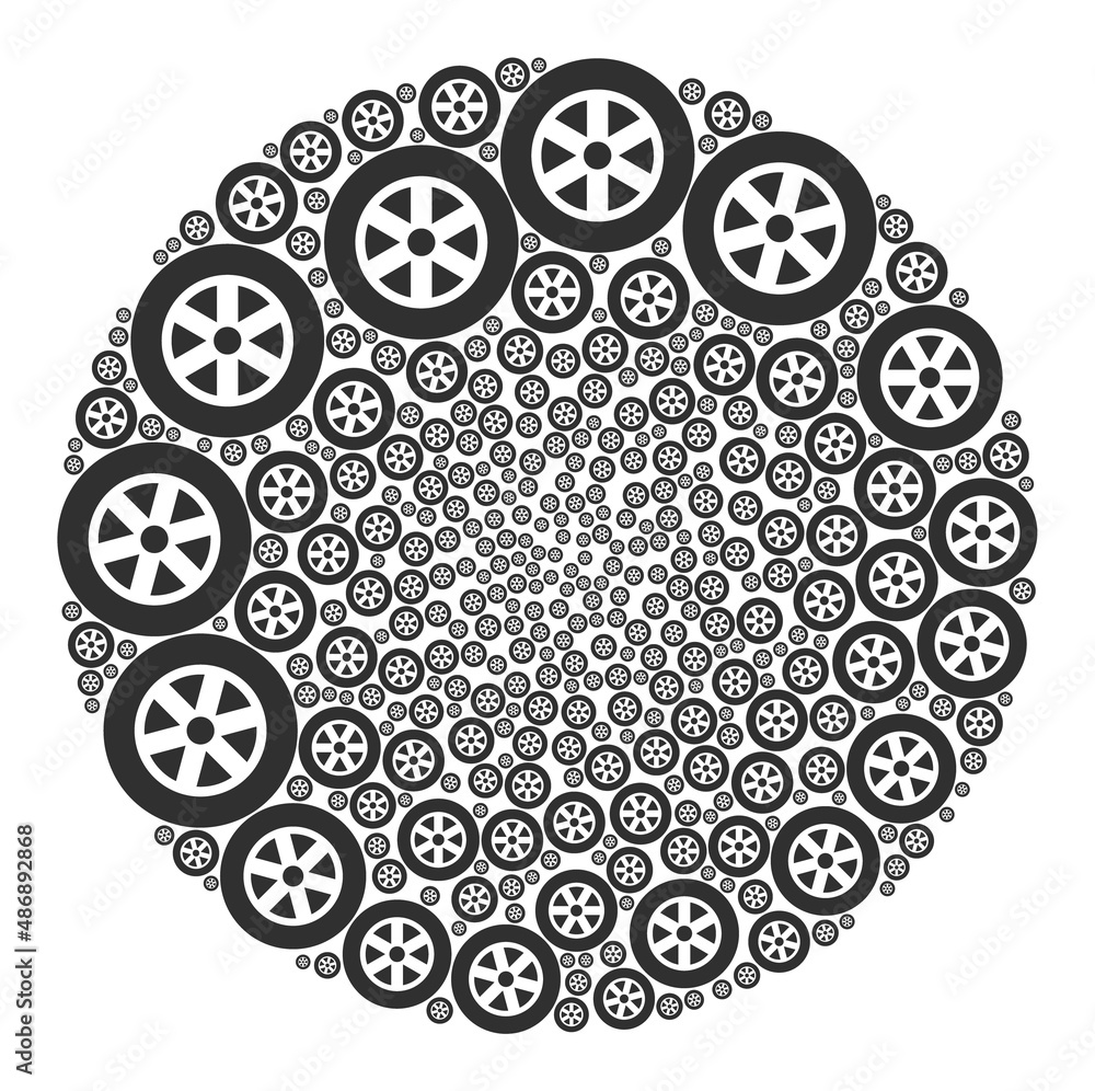 Poster wheel symbols are scattered into bubble collection. wheel icon spheric composition. abstraction sphe