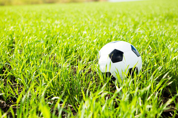 Soccer ball on a green lawn close up against clear blue sky and sun