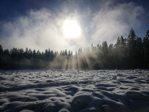 Godrays, fog and bumpy snow. 
"Les hautes fagnes" covered with snow on a beautiful sunny whiter day