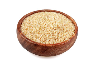 Sesame seeds in a wooden bowl, on a white background