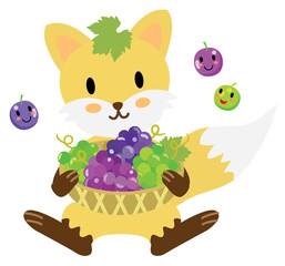 たくさんの葡萄の収穫に喜ぶキツネさん