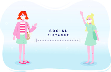 Cartoon cute girl social distance greeting
vector illustration.