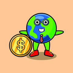 Earth successful businessman holding gold coin cartoon vector image for t-shirt, sticker, logo element