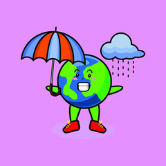 Cute cartoon earth character in the rain and using an umbrella in 3d modern style design