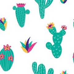 Seamless pattern cacti in cute style in bright colors. Perfect for fabric, textile, nursery decoration, wrapping paper