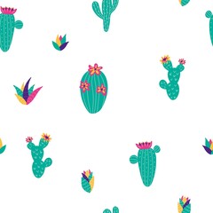 Seamless pattern cacti in cute style in bright colors. Perfect for fabric, textile, nursery decoration, wrapping paper