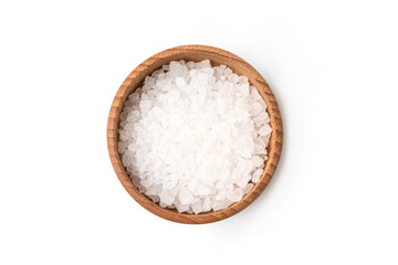 Fototapeta na wymiar Sea salt in wooden bowl isolated on white background closeup top view