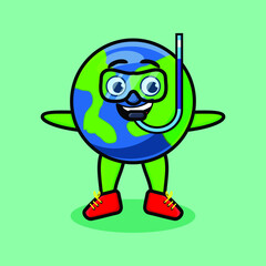 Cute cartoon earth diver with swimming glass in 3d modern style design