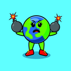 Cute cartoon earth holding bomb with scared expression in 3d modern style design