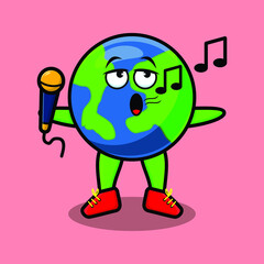 Cute cartoon earth singer character holding mic in 3d modern style design