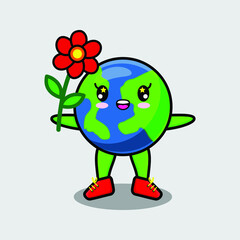 Cute cartoon earth character holding red flower in concept 3d cartoon style
