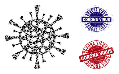 Round CORONA VIRUS textured stamp seals with tag inside round forms, and fraction mosaic corona virus icon. Blue and red seals includes CORONA VIRUS text. Corona virus mosaic icon of shards particles.