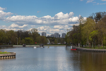 Fototapeta na wymiar MOSCOW, RUSSIA - May 07, 2021: View to the Kamensky pond at ENEA