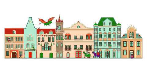 Naklejka premium The medieval city. Fairy dragon, princess, knights. Outline drawing. Street with cute houses.