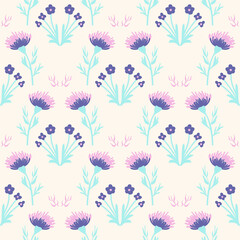 Very peri flower pattern. Flowers cornflower or thistle in very peri and pink color. Summer seamless background. Hand drawn natural fabric design.