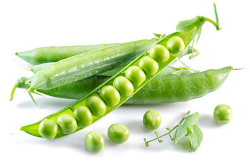 Perfect green peas in pod isolated on white background.