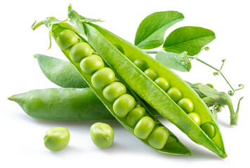 Perfect green peas in pod isolated on white background.