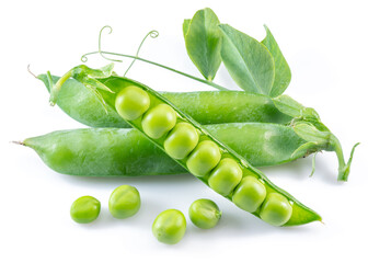Perfect green peas in pod isolated on white background.