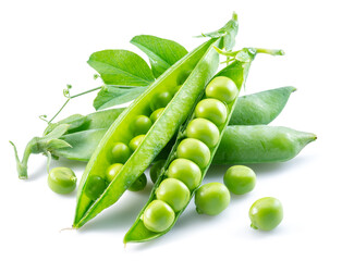 Perfect green peas in pod isolated on white background.
