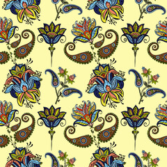 Illustration raster seamless paisley pattern with patterns on yellow background. High quality illustration