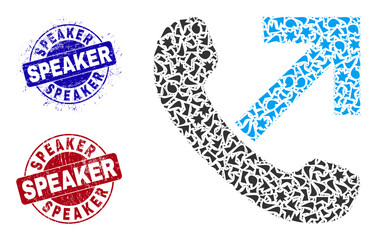 Round SPEAKER rubber stamp seals with tag inside round shapes, and fraction mosaic outgoing call icon. Blue and red stamp seals includes SPEAKER text. Outgoing call mosaic icon of debris particles.
