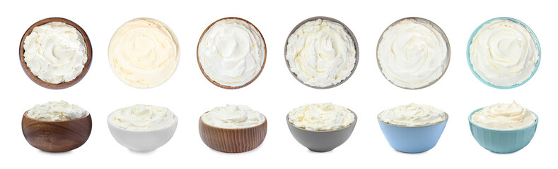 Tasty fresh cream cheese on white background. Banner design