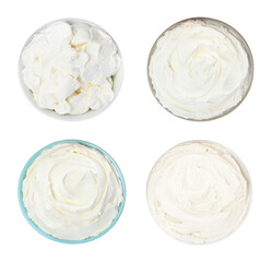 Tasty fresh cream cheese on white background, top view
